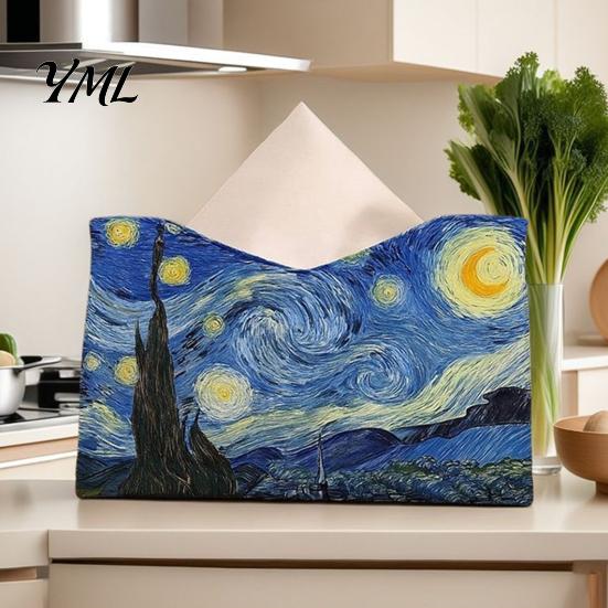 Compact Tissue Case Leather Box Cover, Foldable Desktop Organizer, Oil Painting Style Napkin Holder Case, Decorative Paper Dispenser Facial Organizer