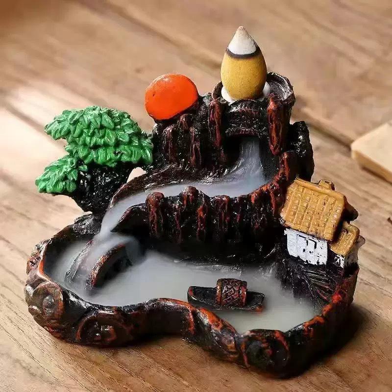 Creative Resin Backflow Incense Burner with High Mountain Flowing Water and Clouds Aromatherapy