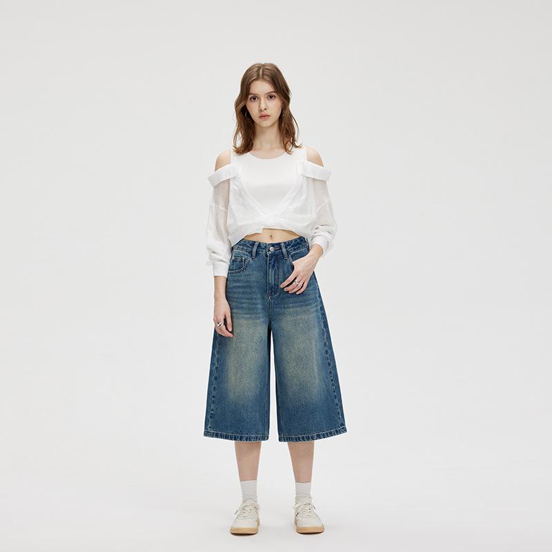 SELINE 2026 Women s Retro Wide Leg Denim Cropped Pants 30 лазурь