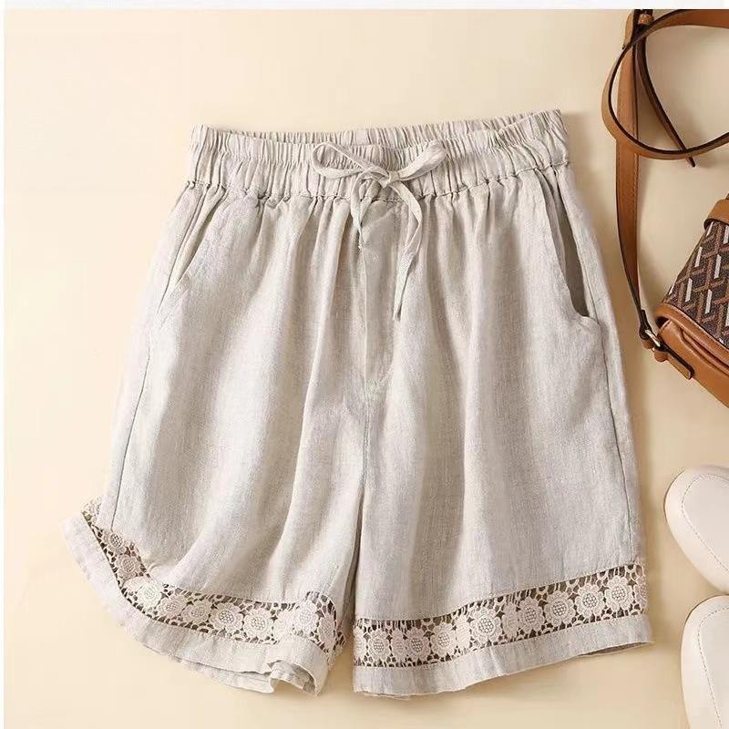 Summer Thin Shorts Women's Retro Hollow Lace Elastic Waist Casual Pants Loose All-match Wide-leg Cotton and Linen Pants