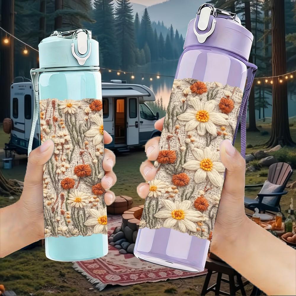 1PC Dried Daisy Beige Neutral Bouquet Print 750ml Color Plastic Sports Water Bottle Leakproof Flip Straw Lid Suitable for Sports Office Home Use