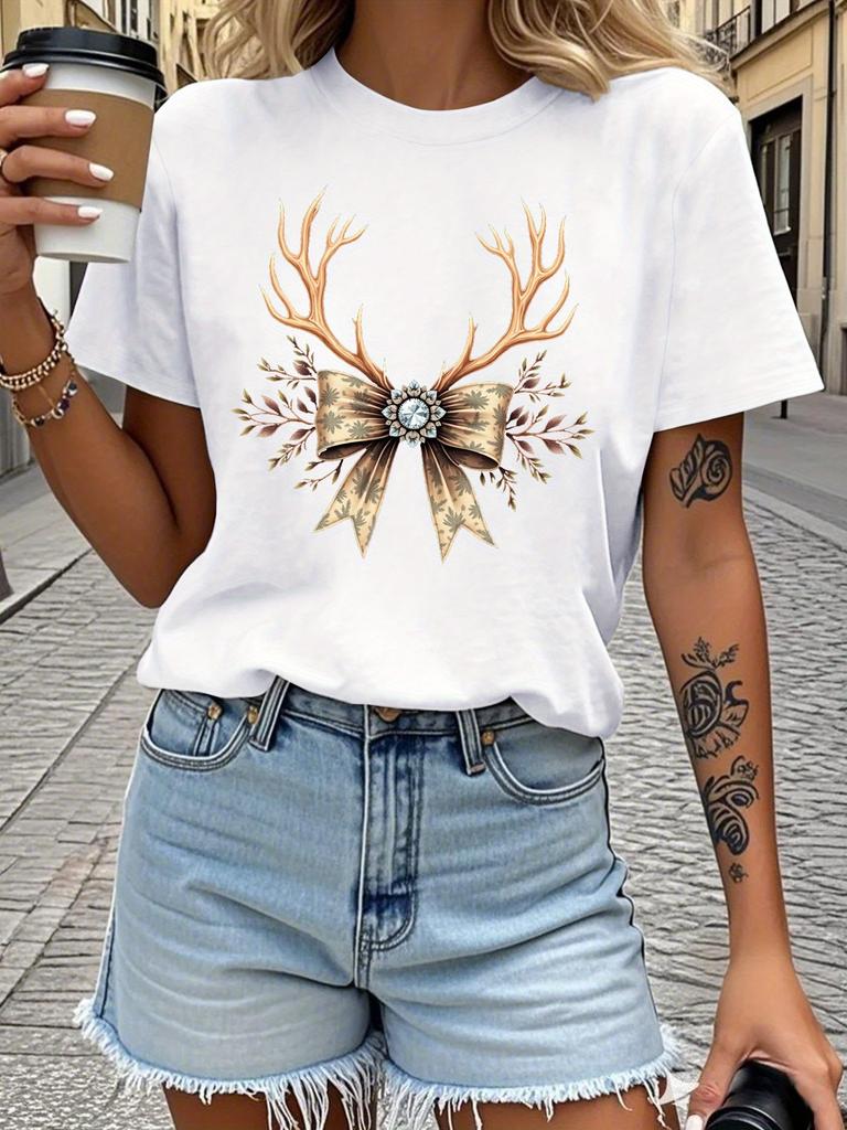 Teediy Deer Antlers with Gemstone Pure WomenS TShirt Comfort Fit Summer Short Sleeved Harajuku Streetwear Aesthetic Clothes