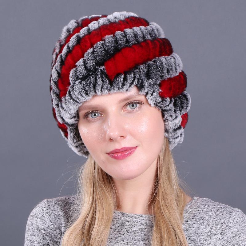 Damen Winter Pelzmütze Rex Kaninchenhaar gestrickte Spirale Ananas verdickte warme Mütze