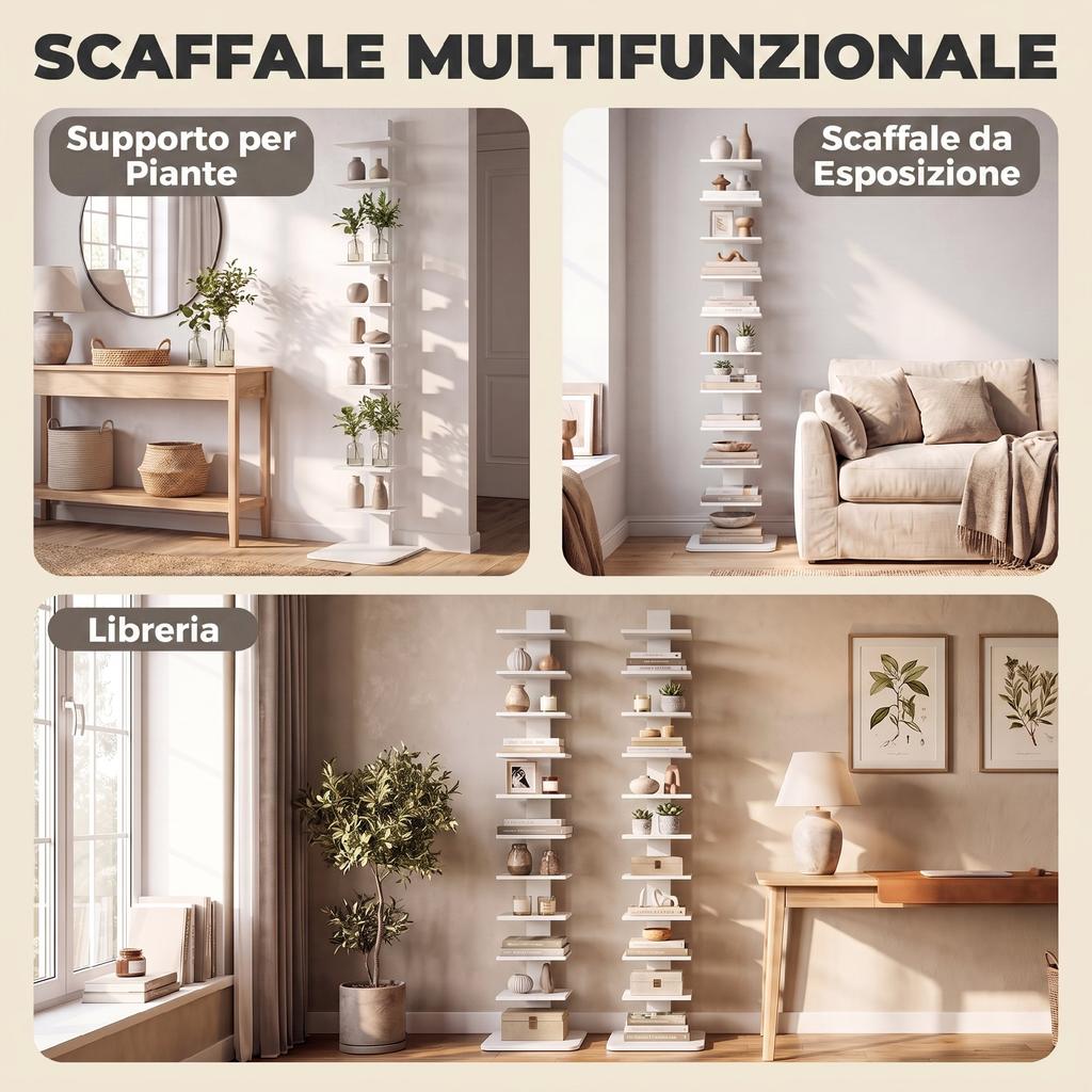 Libreria Moderna A 11 Ripiani Salvaspazio In Stile Industriale 34.5x41.5x163.5 Cm Bianco