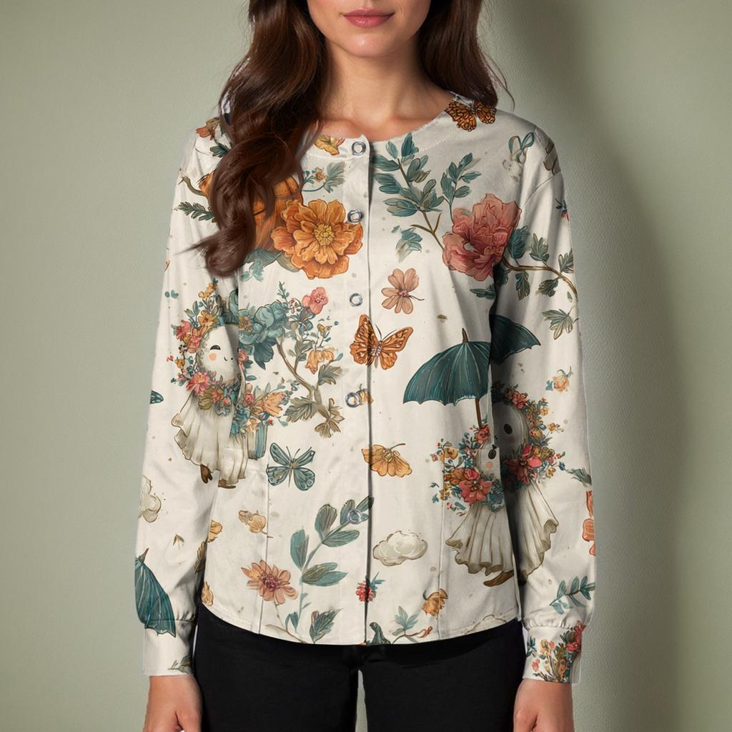 Women's Casual Long Sleeve Single-Breasted Halloween Print Cardigan Top for Fall