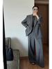 Elegant Slim-fit Grey Blazer & Wide-leg Pants Set for Spring/Autumn
