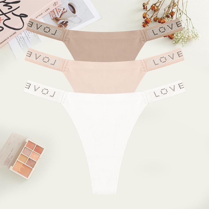 3Pcs Sexy Seamless Women's Underwear Low Waist Rhinestones Letter Thong Solid Stretch G-string Ladies Sports Bikini Lingerie New