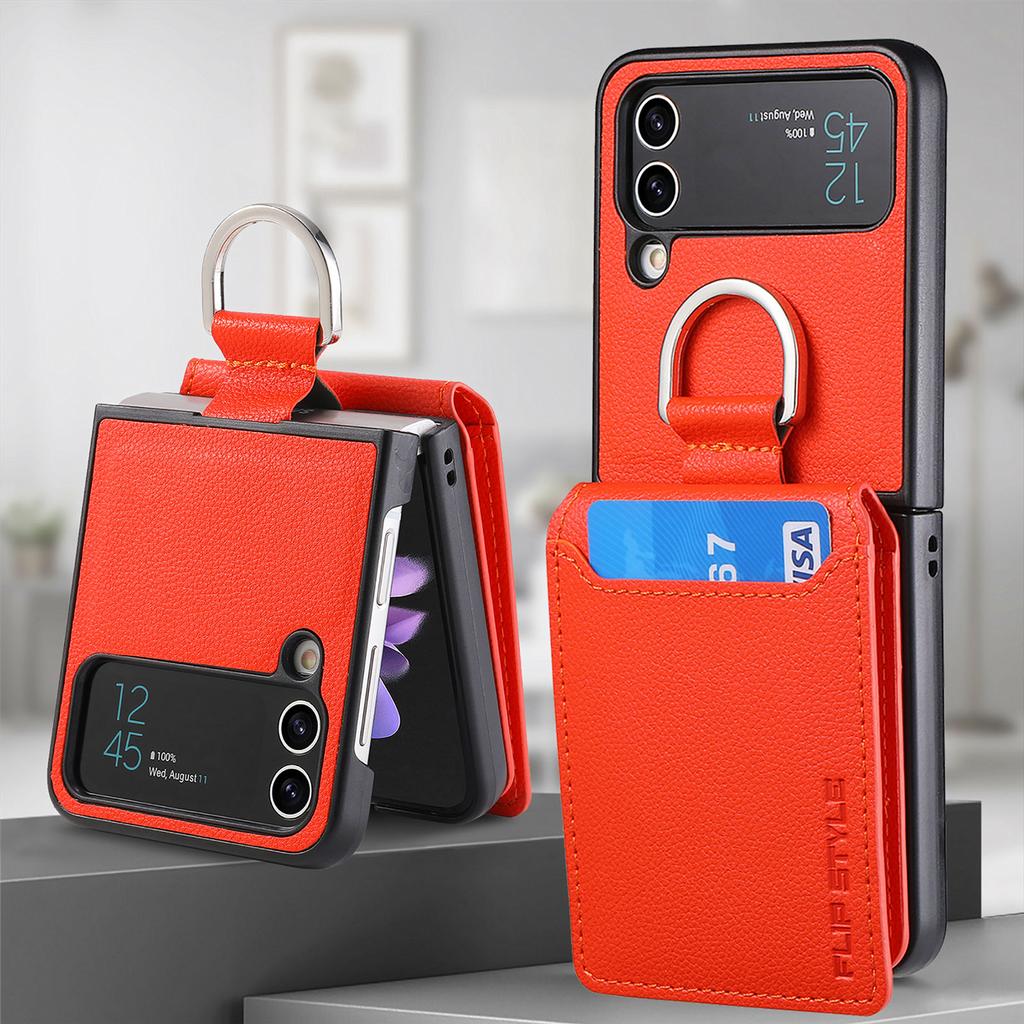 Für Samsung Z Flip 4 Flip4 Plain Leder Finger Ring Telefon Abdeckung Fall Für Samsung Galaxy Z Flip 4 Zflip4 karte Slot Coque