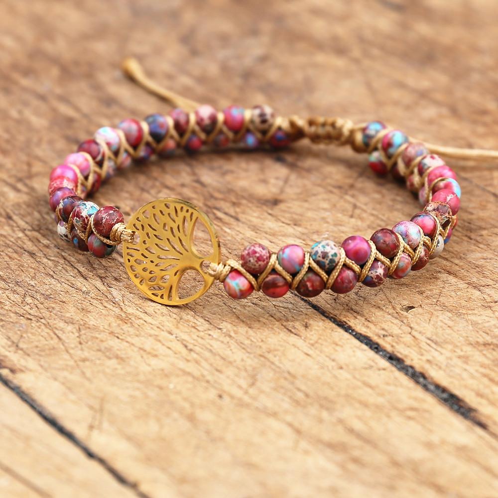 Handmade Natural African Stone Beaded Boho Yoga Wrap Bracelet &Bangle Stainless Steel Tree Of Life Braided Charm Bracelet