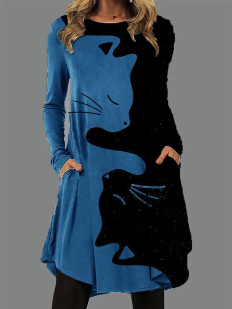 

Модное платье с цифровой печатью кошек 5XL синий