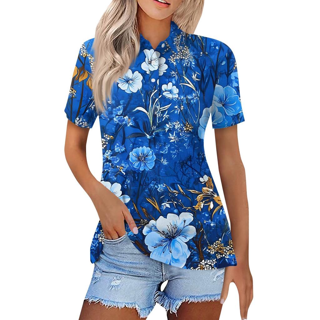 Women's Fashion Casual Lapel Short Sleeve Printed Shirt Women's Button Up Tops