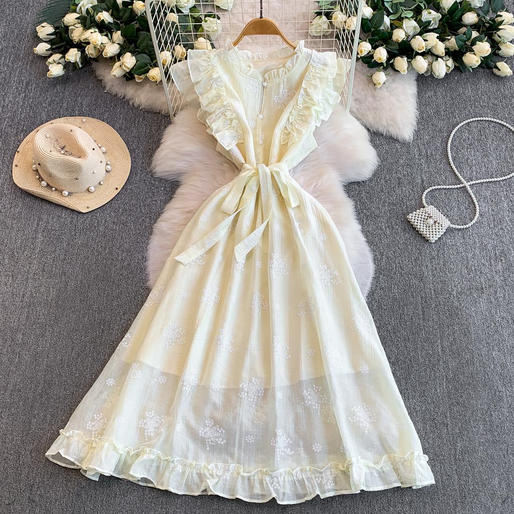 Sweet Stitched Ruffle Hem round Ne Princ Long Dress Women Spring Autumn Belted Waist Women Dress