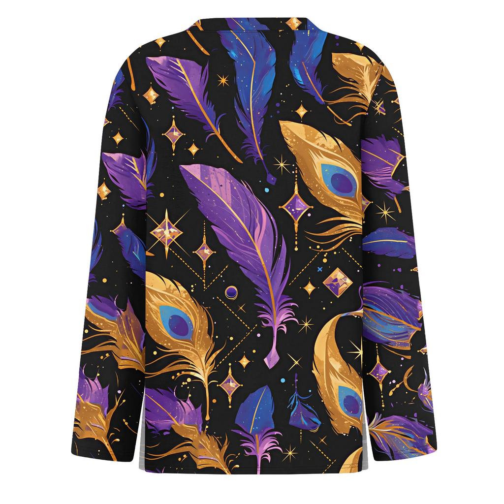 Damenmode Lässig Schlitzsaum Rundhals Langarm Locker Bedrucktes T-Shirt Top