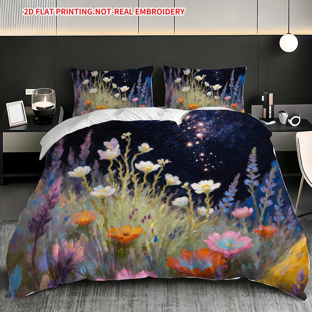 Quilt Cover Pillowcase Three-Piece Set,Starry Sky Wildflower Bedding,Skin-Friendly,Breathable And Machine Washable