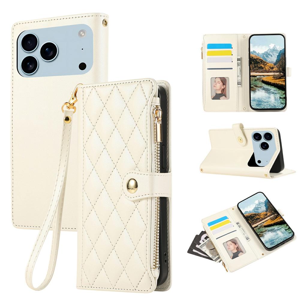 For iPhone 17 Pro Max Case Multi Card Slots Zipper Rhombus Leather Phone Cover with Wrist Strap