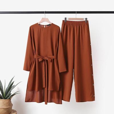 Ramadan Eid Women Muslim Two Piece Outfit Sets Casual Long Sleeve Blouse Wide Leg Pants Islamic Musulman Ensemble Modest Muslim Outfits For Ladies