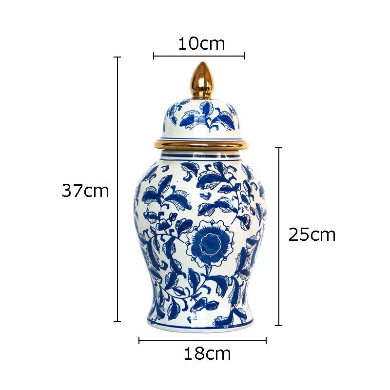 Gold Plated Blue and White Porcelain Ginger Jar with Lids Ceramic General Jars Retro Tea Caddy Floral Vases Desk Decoration