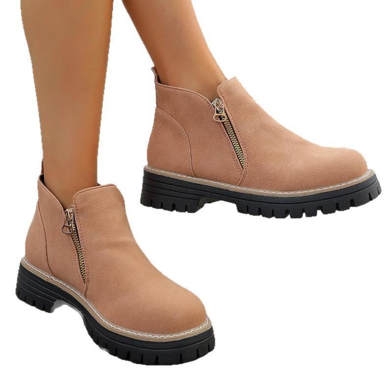 Damen Stiefeletten mit runder Zehenpartie in Überweite, Martin Boots mit Blockabsatz und Reißverschluss an der Seite, Herbst Winter Kurzstiefel für Damen