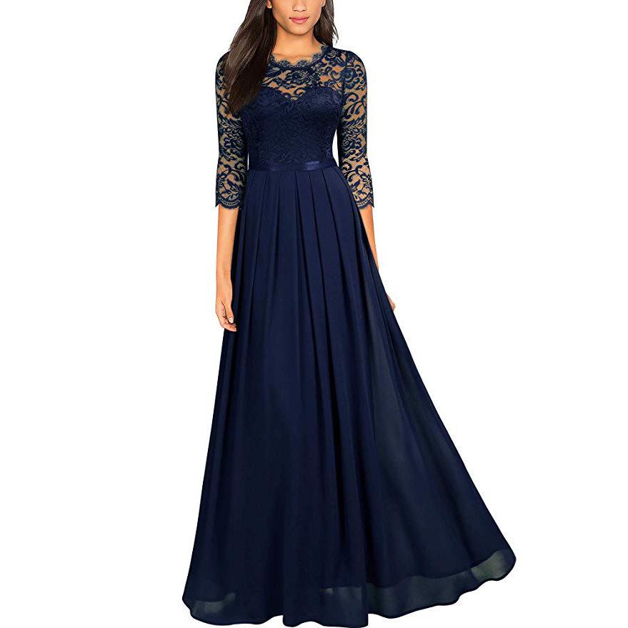 European Style Chiffon Lace Long Evening Dress - Women's Round Neck Gown