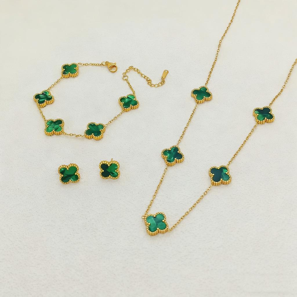 3PCS Double-sided Fritillary Titanium Steel Four-leaf Clover Five-flower Bracelet, Five-flower Necklace & Earring Set Gift