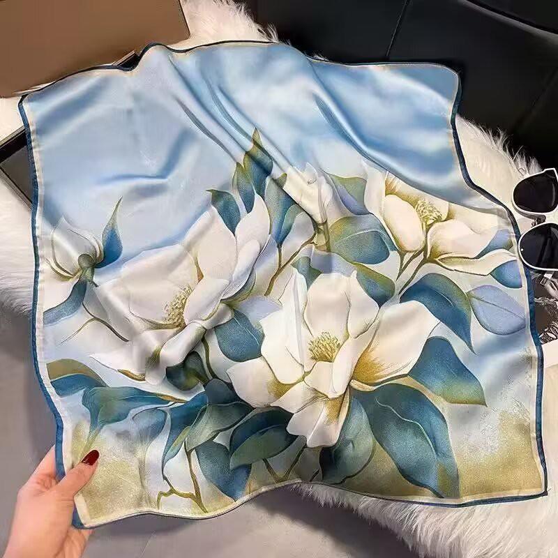 70x70cm Lightweight Cotton Silk Square Scarf With Boho Floral Print Breathable Neck Wrap Women