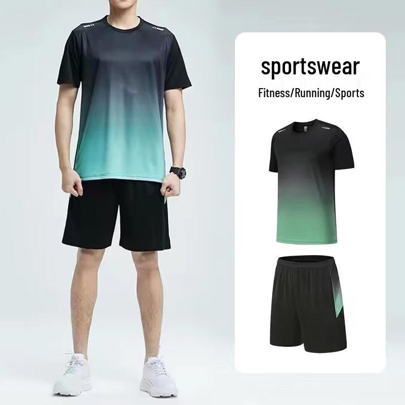 Men's Gradient Tie-Dye Short Sleeve Sport Set – Ice Silk Summer Running Fitness Shorts Two-Piece