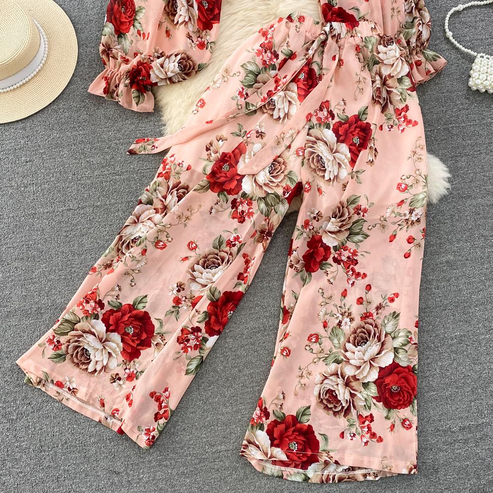 Fashion Set Women's  Long Sleeve Square Neck Slim Fit Chiffon Shirt 2 Two Pieces Suits Sets High Waist Slim Wide L