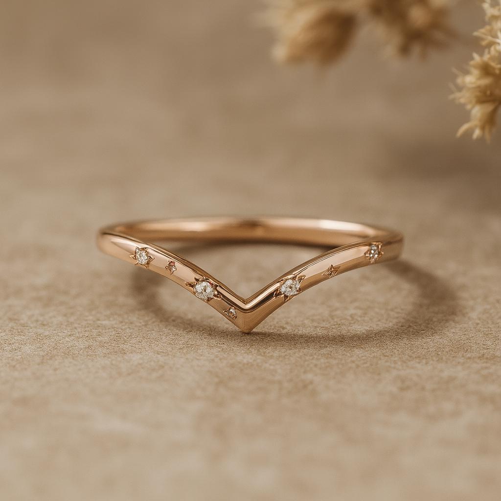 Chevron V Shape Ring, Rose Gold Plated Silver, Dainty Diamond CZ Band, Minimalist Stackable Wedding Ring for Women