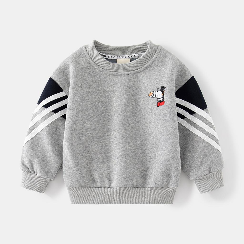 Autumn and winter boys round neck cartoon printed long-sleeved sweater, casual white striped warm pullover sweater