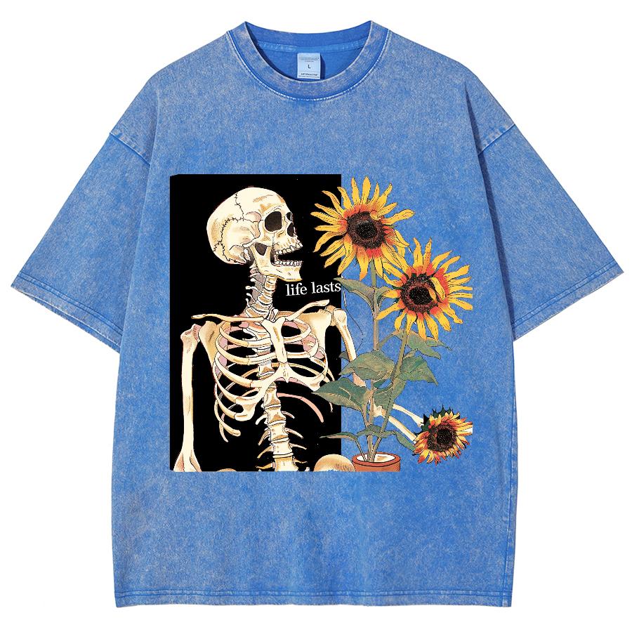 Skull Sunflower Print Printing T-Shirts Women Casual 100% Cotton T-Shirt Breathable Clothing Casual Oversized Tee Shirt