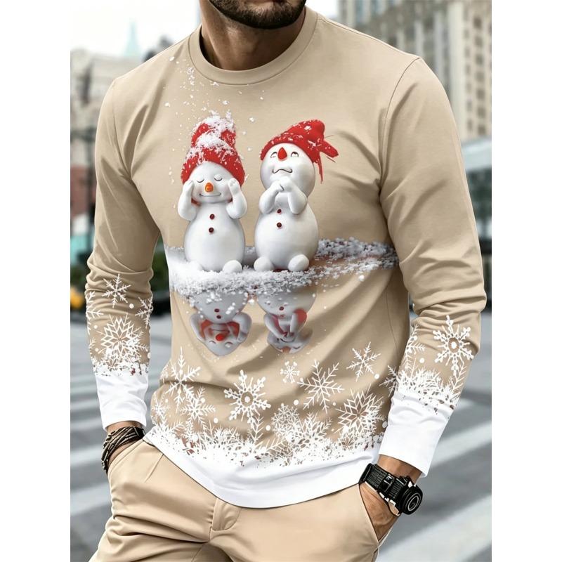 Men's Casual Long Sleeve T-Shirt Merry Christmas Snowman Print Tops Regular Fit O-Neck Vintage Snowflake Pullover