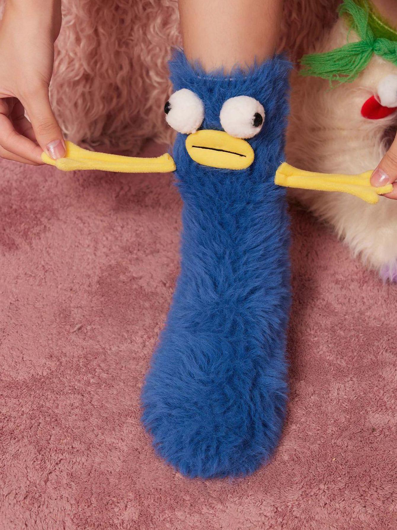 

1 пара женских зимних носков с мультяшным декором, толстые плюшевые эластичные противоскользящие уютные нечеткие утолщенные носки-тапочки средней длины, носки для сна