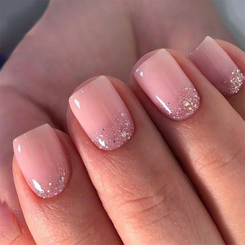 24Pcs Short French Tip False Nails Shimmer Ballet Nail Art Full Cover Sheer Press On Manicure Tips For Girls Daily Wear