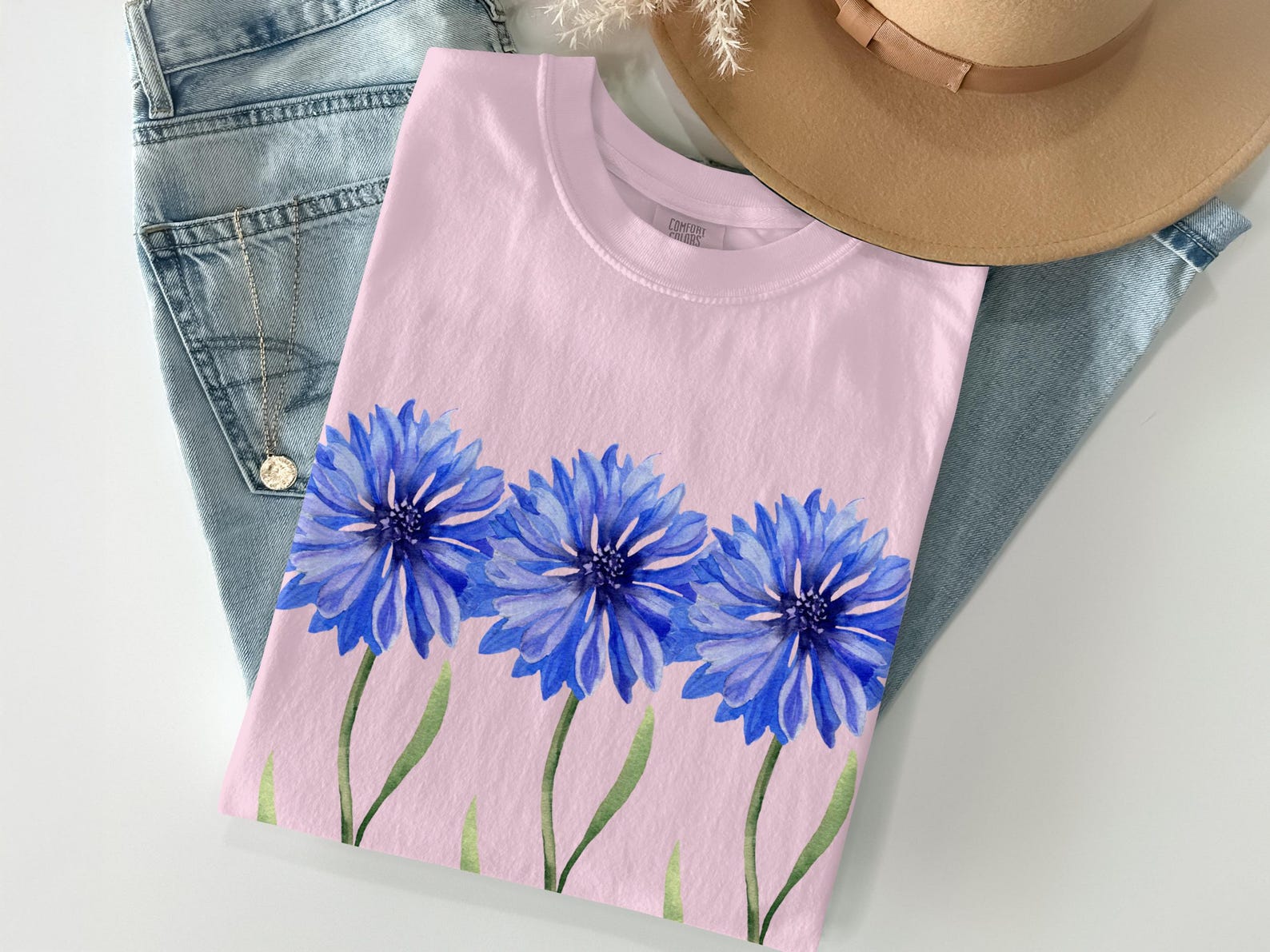 Watercolor Cornflower T-Shirt, Cottagecore Blue Flower Tee, Botanical Garden Lover Gift, 3XL