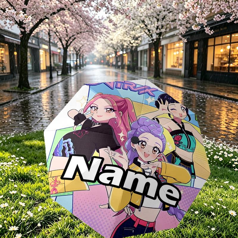 Custom Name Personalized KPop Demon Hunters Print Umbrella, Auto Open Close, 8‑Rib Sturdy Frame, Commute Camping Hiking Use, Birthday Gift