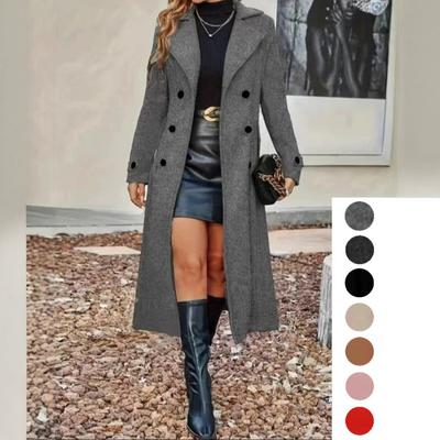 Dámský dlouhý dvouřadý kabát ze směsi vlny Zimní elegantní kancelářský šik svrchní oděv