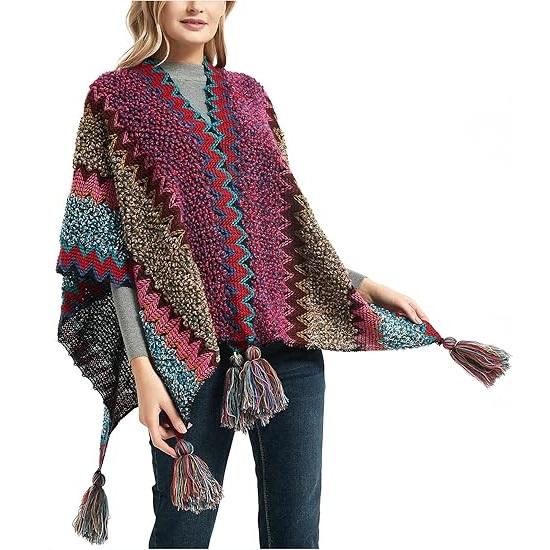 Shawl Wraps for Women Boho Knit Poncho Ladies Rainbow Casual Loose Striped Fringe Blanket Scarf