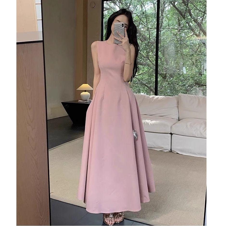 Solid color dress children's summer new French temperament high-end sleeveless vest waist thin dress