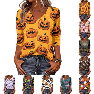 Women's Fashion Casual Halloween Print V Neck Three Quarter Sleeve Top Lightweight Comfortable Fit Stylish Design