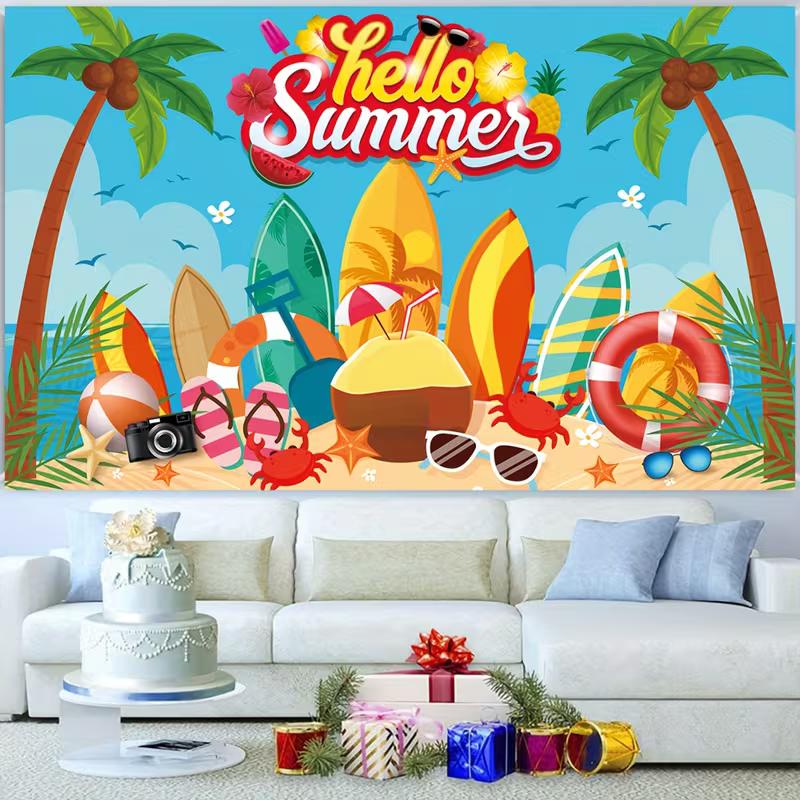 2D Summer Beach Backdrop, Hello Summer Surfboard Palm Tree Photo Booth Banner 47.2x31.5inch/120*80cm