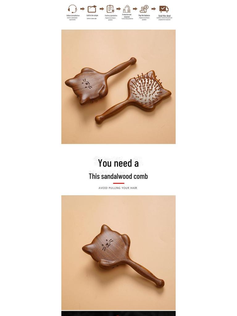 Sandalwood Cat Head Air Cushion Comb for Kids - Smooth & Portable Hairdressing Brush