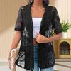Women Lace Cardigan Lapel Short Sleeve Decorative Pockets Suit Coat See-through Hollow Floral Lace Double-breasted Shirt Coat