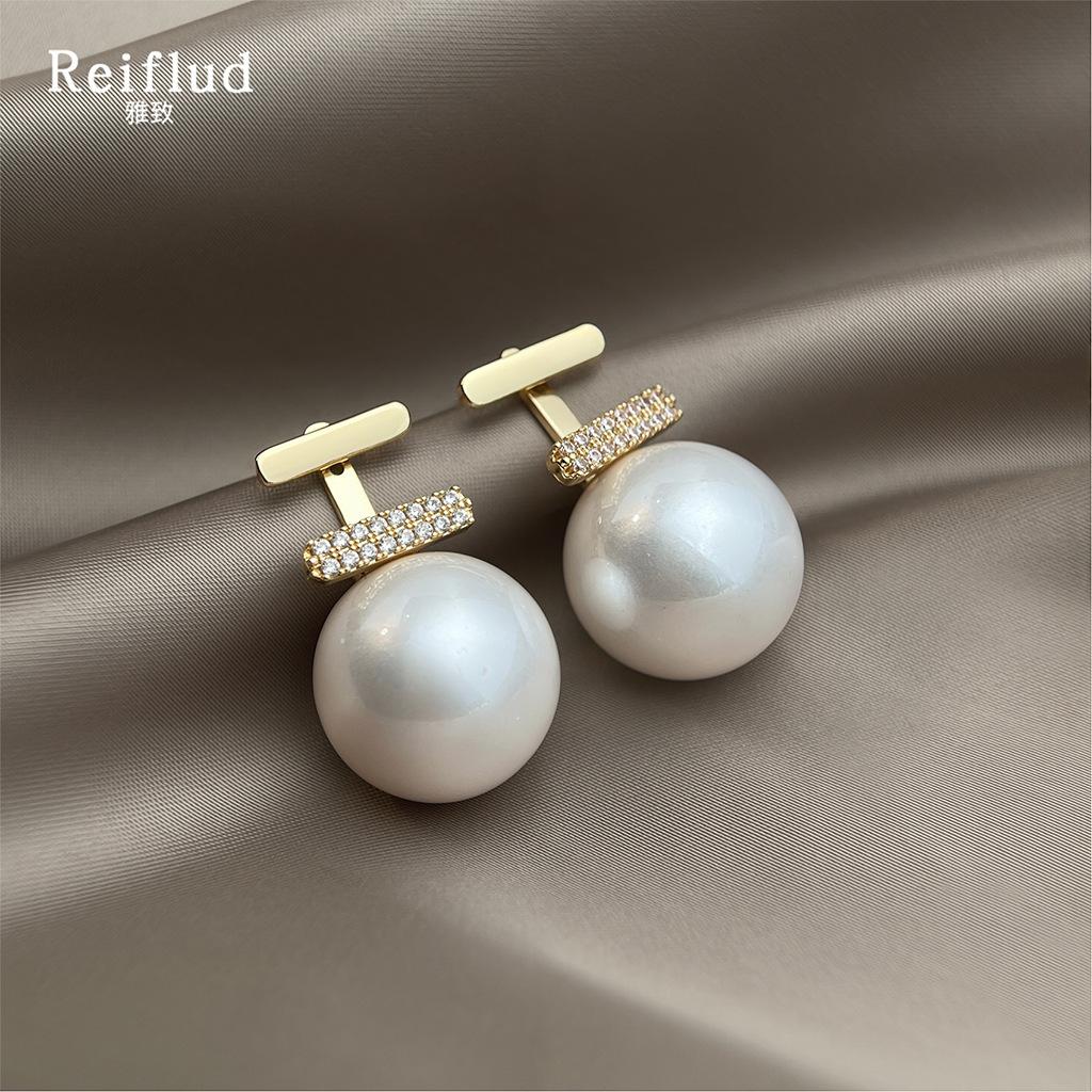 Two Wear~ Micro-set Zircon 925 Silver Needle Color Retaining Electroplated Large Pearl Earrings Earrings