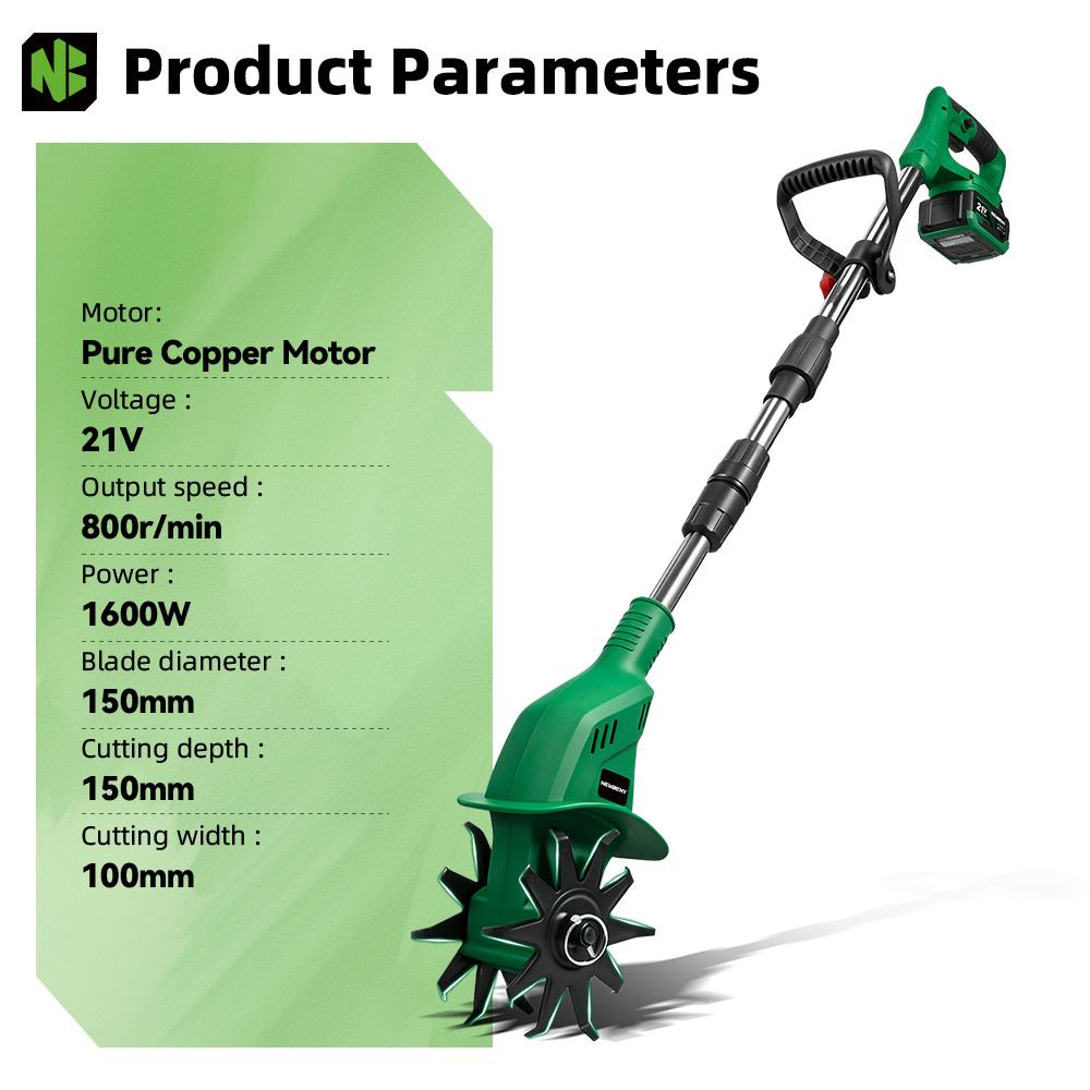 Newbeny 1600W 150MM Electric Rotary Tiller Cultivator Portable Grass Trimmer Soil Turning Lawn Mower Tool for Makita Battery Pin