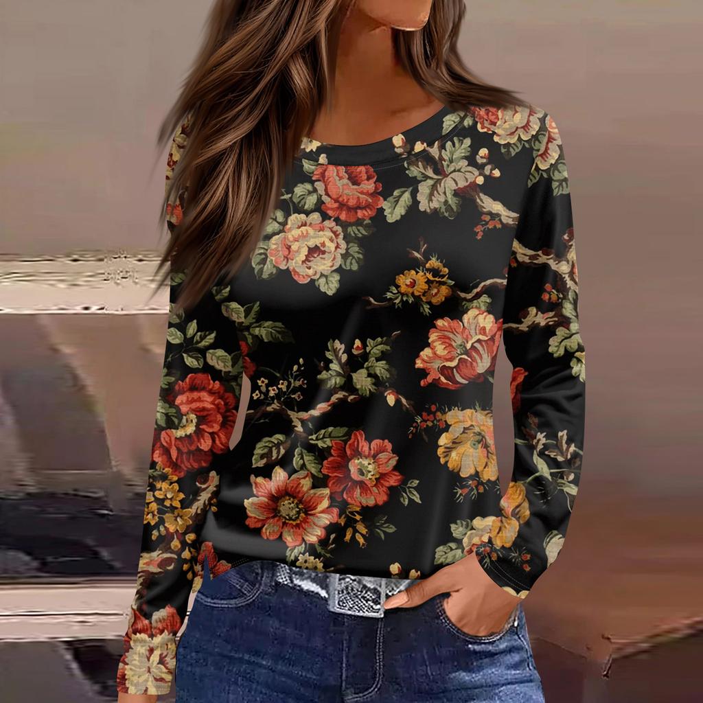 Damenmode Lässig Schlitz Saum Rundhals Langarm Lose Bedrucktes T-Shirt Damen Top