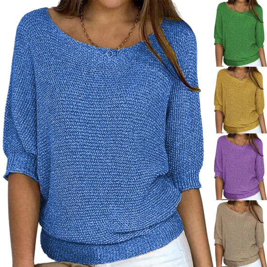 Solid Color Knitting Sweater O-Neck 44989 Sleeve Loose Fit Pullover Tops Knitwear