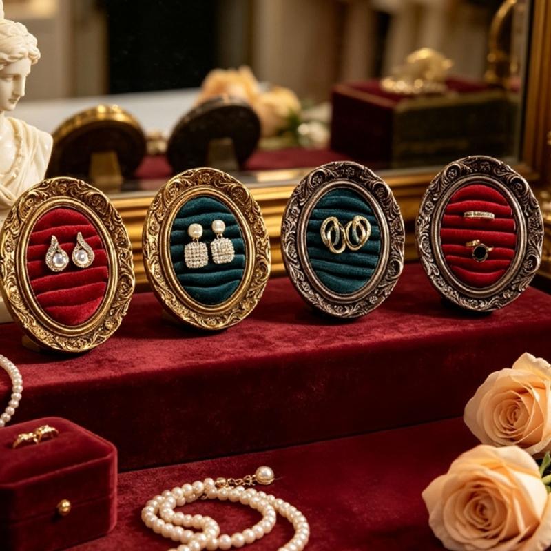 Ring Display Tray with Multiple Horizontal Slots, Ornate Oval Scrollwork Frame and Flat Base for Tabletop Presentation