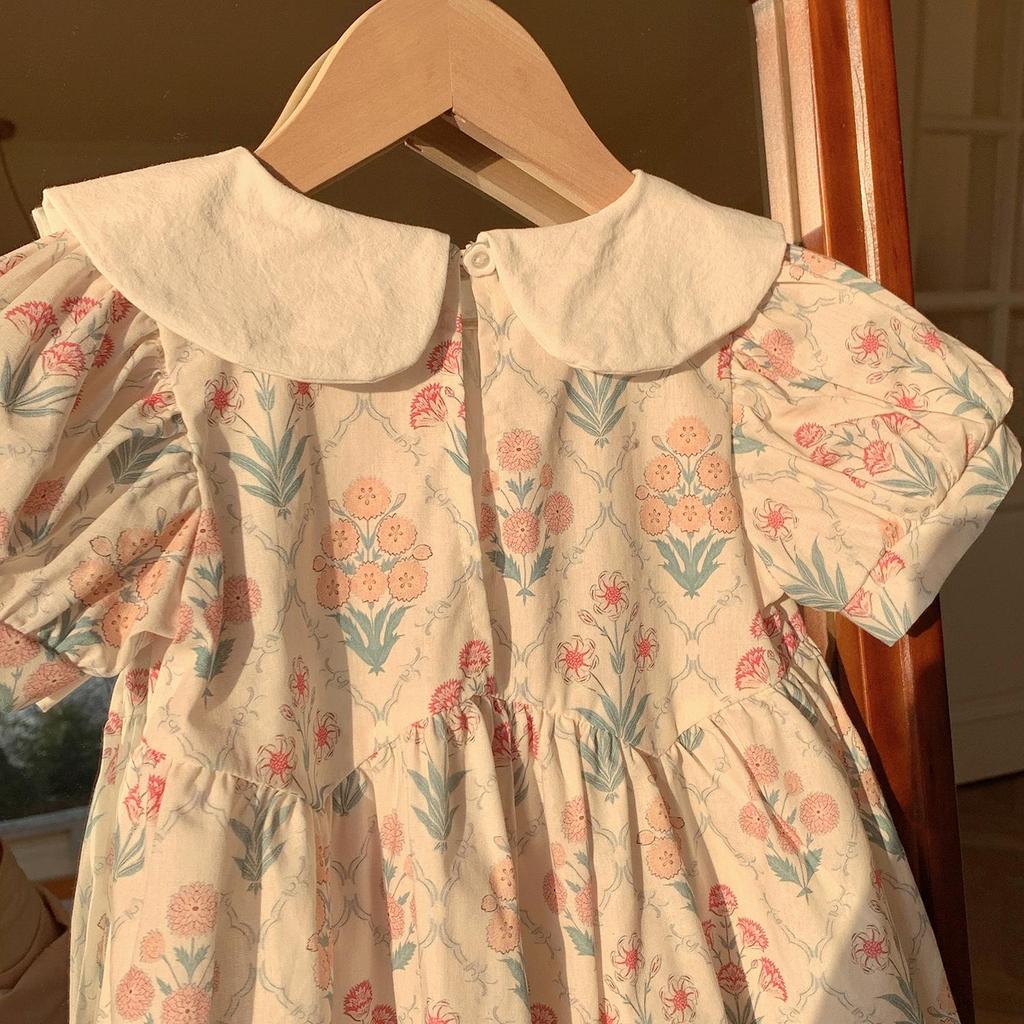 2026 Summer Korean Floral Print Doll Collar Dress for Toddlers and Young Girls - Short Sleeve Baby Dress