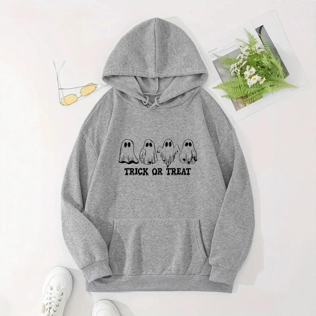 Ladies Spring Autumn Casual Sports Hooded Loose Long Sleeve Big Pocket Halloween Ghost Printed Pullover Hoodies Sweatshirt Top