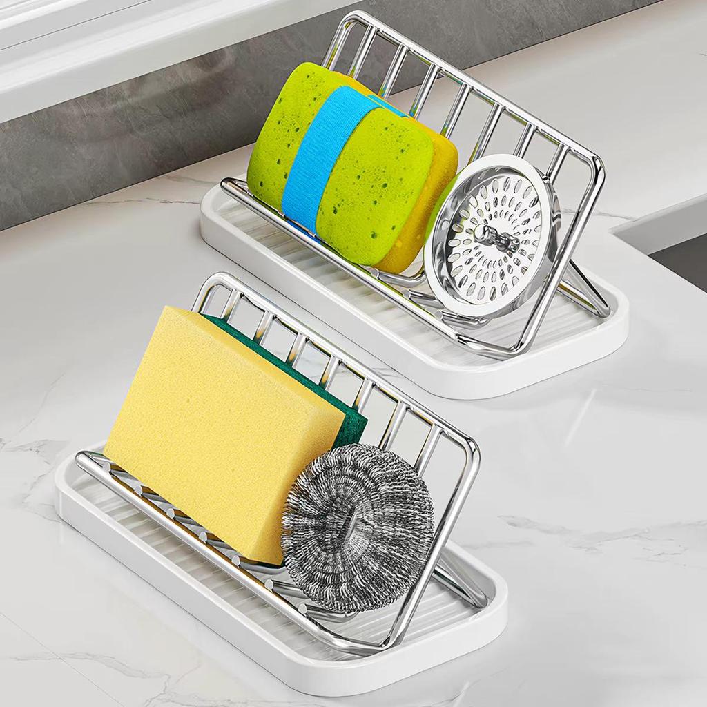 Stainless Steel Dish Drying Rack with Sponge, Scrubber, and Cleaning Cloth Holders